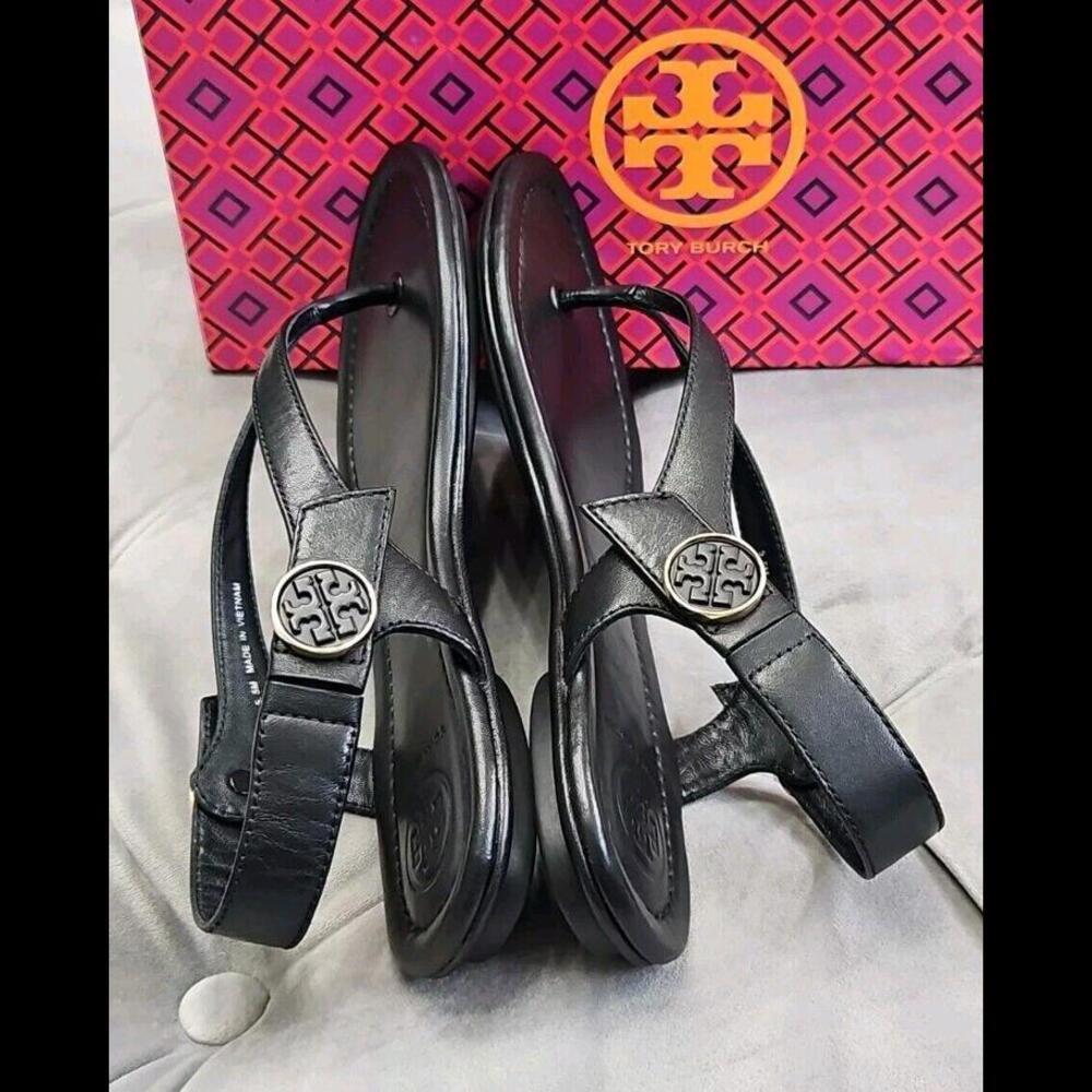 Tory Burch Veg Leather Black Minnie Travel Sandals Flats Womens Shoes 5.5 New